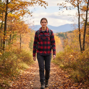 Chemise Trekking Merino Femme — coloris Rouge et bleu — Fjork Merino
