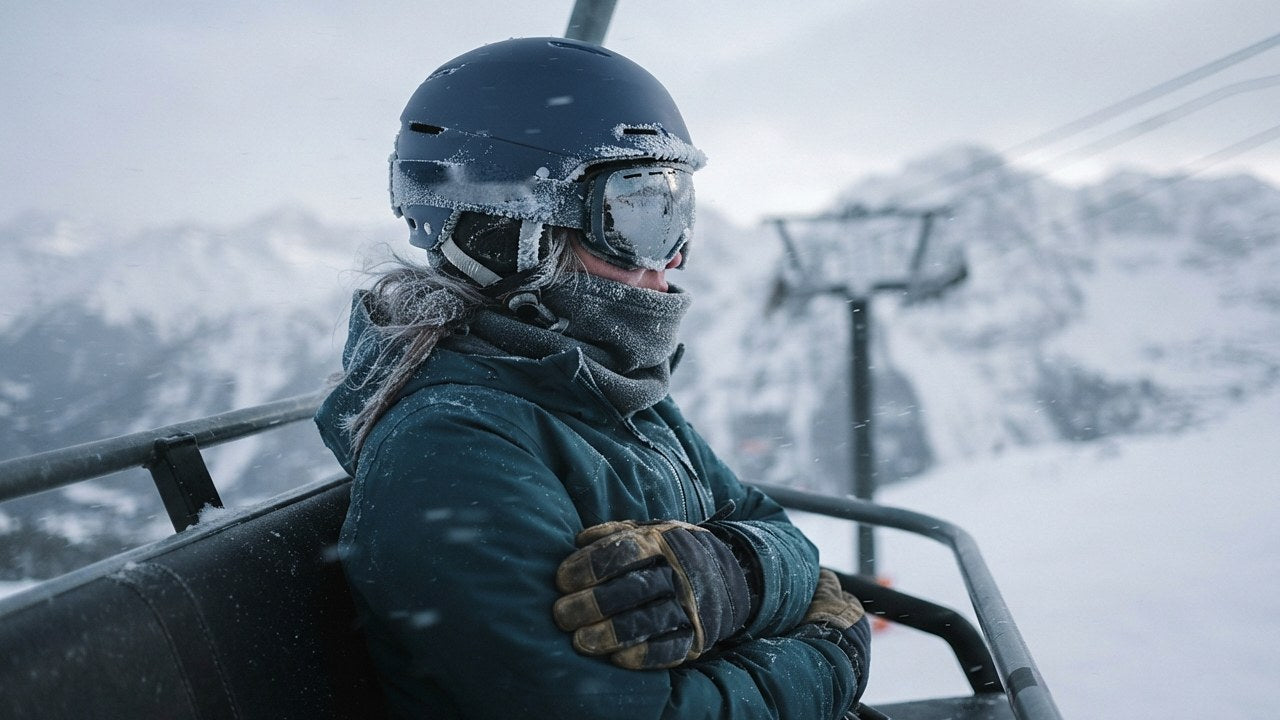 Skieuse assise sur un télésiège par grand froid, casque et lunettes couverts de givre, bras croisés pour se réchauffer